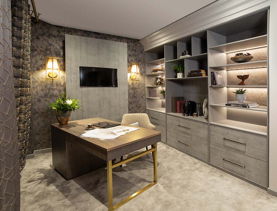 home office desk with and shelving