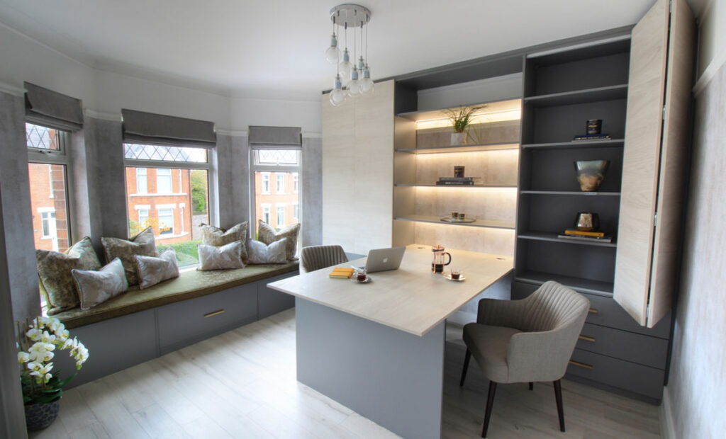 home office desk and unit with lighting
