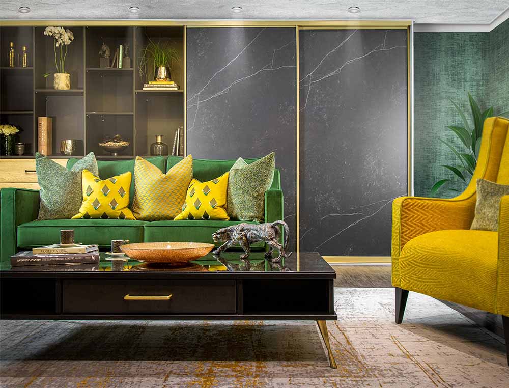 special finish sliding wardrobe with sofa and table in foreground
